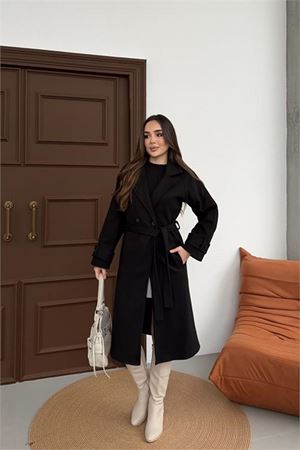 Kadın premium kuşaklı reglan kol düğmeli siyah kaşe kaban DPKBN01