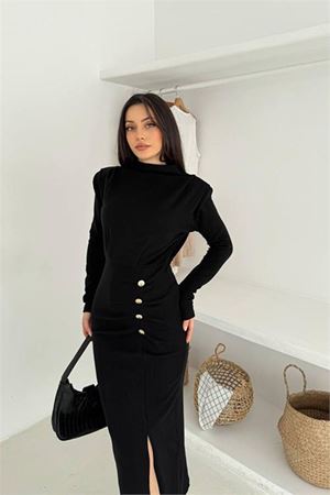 Kadın tam boy düğmeli yırtmaçlı elbise DPK4369