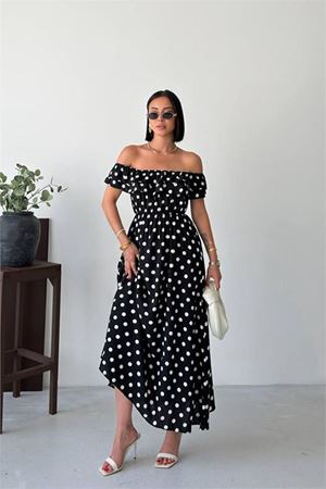 Kadın siyah madonna yaka fırfır detaylı desenli midi boy elbise DPG136