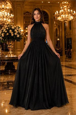 Kadın siyah halter yaka janjan kumaş premium abiye elbise DPMY4128