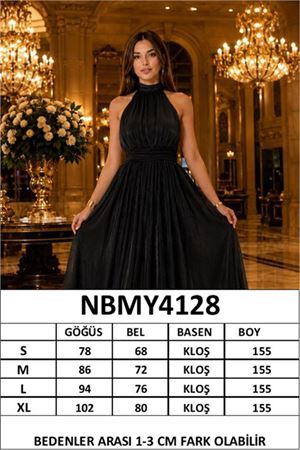 Kadın siyah halter yaka janjan kumaş premium abiye elbise DPMY4128
