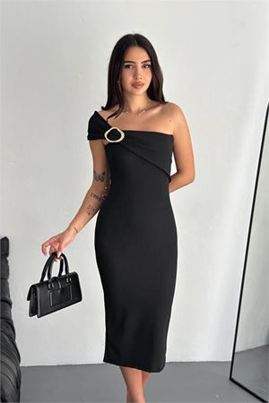 Dipmoda kadın likralı omuz detaylı midi boy elbise DPK4196