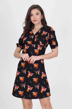 kadın kruvaze yaka çiçek desenli örme krep mini elbise DP10022
