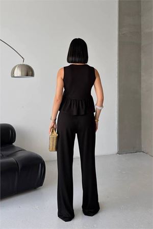 Kadın siyah modal kumaş volanlı atlet geniş paça pantolon yazlık ikili takım DPG132