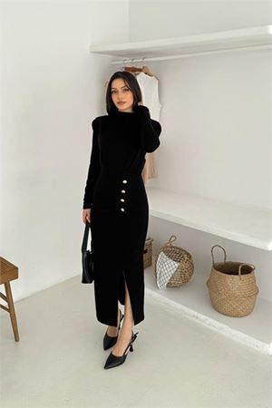 Kadın tam boy düğmeli yırtmaçlı elbise DPK4369
