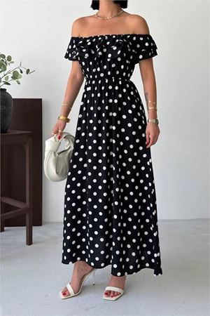 Kadın siyah madonna yaka fırfır detaylı desenli midi boy elbise DPG136