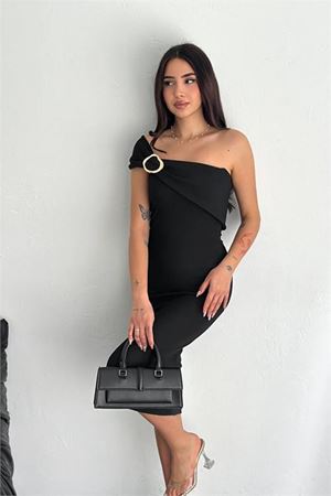 Dipmoda kadın likralı omuz detaylı midi boy elbise DPK4196