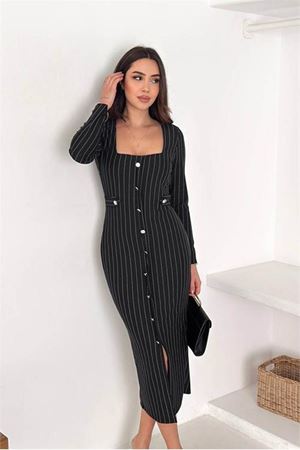 Kadın çizgili desen kare yaka midi boy düğme detaylı elbise DPK069