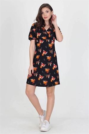 kadın kruvaze yaka çiçek desenli örme krep mini elbise DP10022