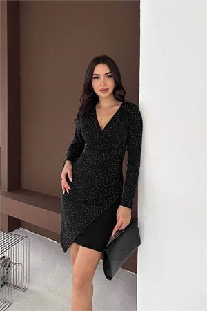 Kadın siyah taş detaylı uzun kol drapeli V yaka mini boy elbise DPK071