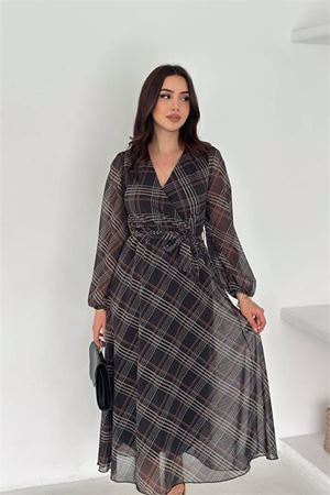 Kadın kruvaze yaka ekose desenli beli kuşaklı midi boy şifon elbise