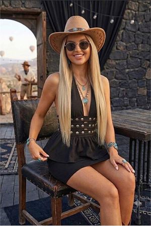 Kadın siyah halter yaka taş detaylı mini boy dalgış kumaş peplum elbise DPDF265