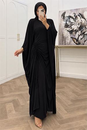 Kadın siyah büzgü detaylı premium tunik pantolon tesettür takım NMS103