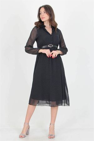Neşeli butik kadın puantiyeli kemerli gömlek yaka şifon elbise RSSN30