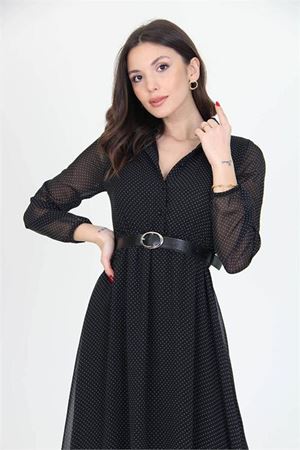Neşeli butik kadın puantiyeli kemerli gömlek yaka şifon elbise RSSN30