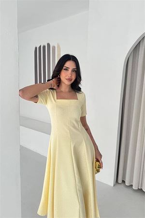 Kadın sarı taş detaylı kare yaka midi boy kısa kollu elbise DPK4605