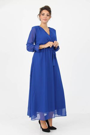 Neşeli Butik Kadın Kruvaze Yaka Bağlama Detaylı Yeni Sezon Uzun Şifon Elbise KTS003