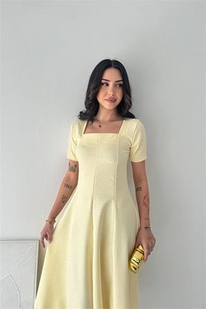 Kadın sarı taş detaylı kare yaka midi boy kısa kollu elbise DPK4605