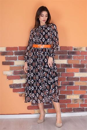 Neşeli butik kadın kemerli yaka detaylı astarlı şifon elbise RY0032