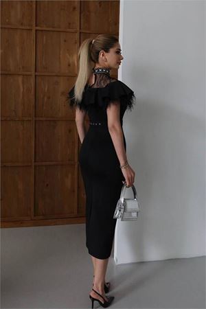 Kadın dantelli midi boy taşlı tasarım elbise DPNC2521