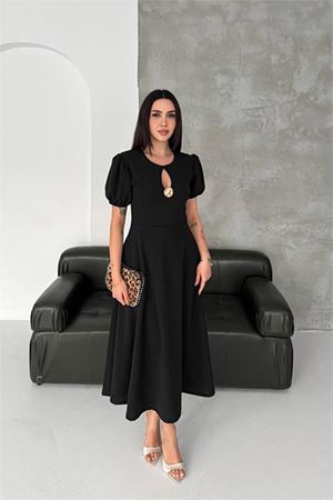 Kadın siyah balon kol gold broş detaylı midi boy elbise DPK4563