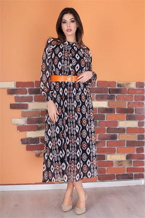 Neşeli butik kadın kemerli yaka detaylı astarlı şifon elbise RY0032