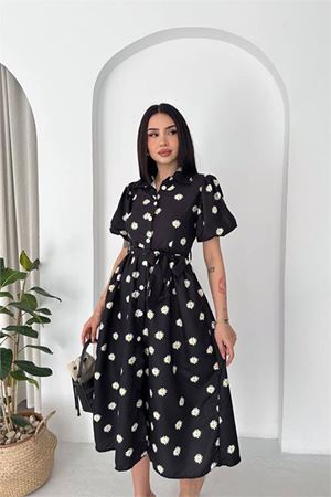 Kadın siyah gömlek yaka balon kol çiçek baskılı yazlık midi elbise -----DPK4617
