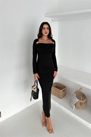 Kadın kayık yaka gol aksesuarlı elbise DPK4386