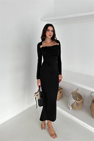 Kadın kayık yaka gol aksesuarlı elbise DPK4386