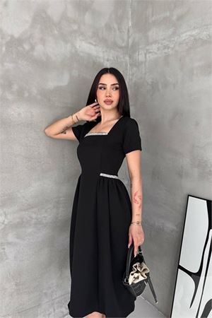 Kadın siyah kare yaka taş detaylı etek drapeli midi boy elbise ---- DPK4621