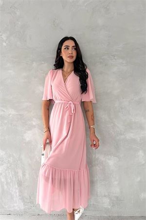 kadın kruvaze yaka kuşaklı şifon elbise DPK4115