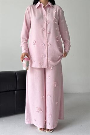 Kadın pembe çiçek aplikeli ikili keten kumaş takım DPMS2642