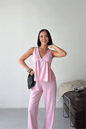 Kadın pembe modal kumaş volanlı atlet geniş paça pantolon yazlık ikili takım DPG132
