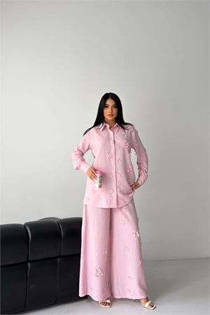 Kadın pembe çiçek aplikeli ikili keten kumaş takım DPMS2642