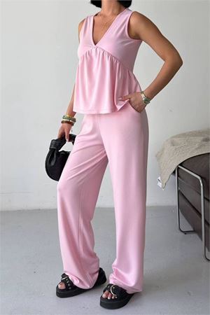 Kadın pembe modal kumaş volanlı atlet geniş paça pantolon yazlık ikili takım DPG132
