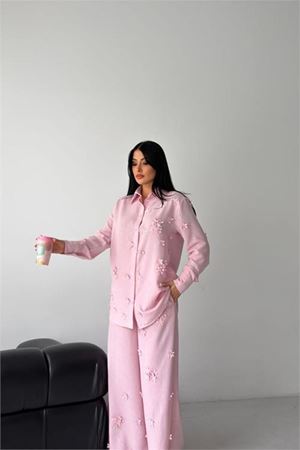 Kadın pembe çiçek aplikeli ikili keten kumaş takım DPMS2642