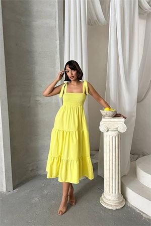 kadın sarı askılı poplin kumaş yazlık elbise DPG091
