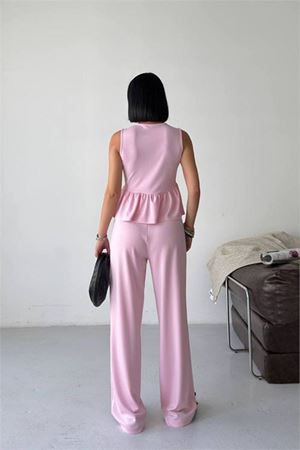 Kadın pembe modal kumaş volanlı atlet geniş paça pantolon yazlık ikili takım DPG132