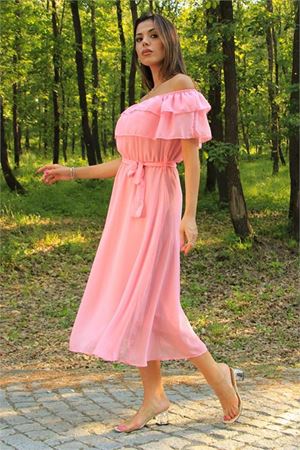 kadın pembe kuşaklı madonna yaka baby shower elbise DP8060