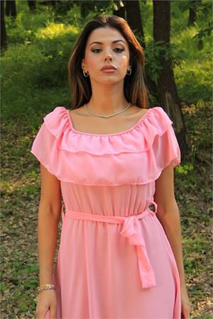 kadın pembe kuşaklı madonna yaka baby shower elbise DP8060