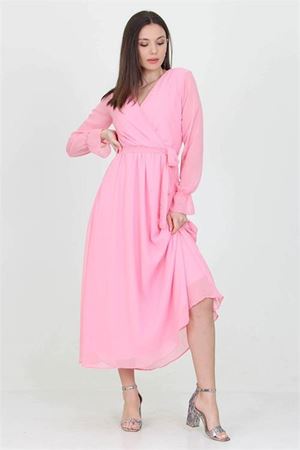 Neşeli butik kadın kuşaklı pudra uzun şifon elbise KTS003