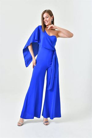 Neşeli butik kadın saks mavisi kuşaklı straplez abiye tulum NBS9355