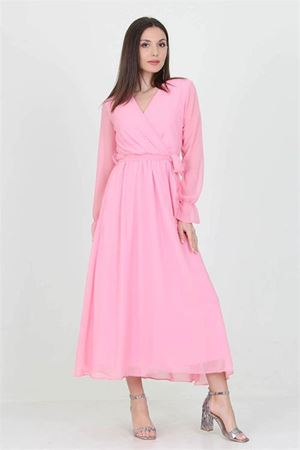 Neşeli butik kadın kuşaklı pudra uzun şifon elbise KTS003