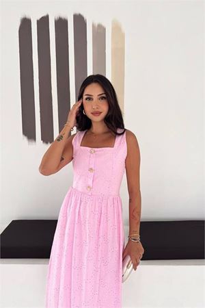 Kadın pembe fisto işlemeli düğme detaylı midi boy kare yaka elbise DPK4644
