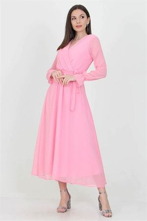 Neşeli butik kadın kuşaklı pudra uzun şifon elbise KTS003