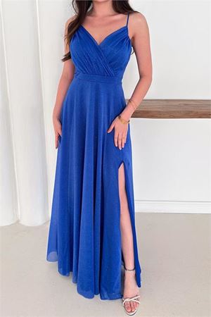 Neşeli butik kadın ayarlanabilir askılı yırtmaçlı tül abiye elbise RYS9276
