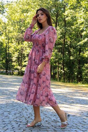 Neşeli butik kadın pudra gipeli kare yaka desenli şifon elbise NB100361