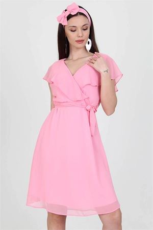 Neşeli Butik Kadın Kruvaze Yaka Bağlama Detaylı Yeni Sezon Şifon Elbise NB8081