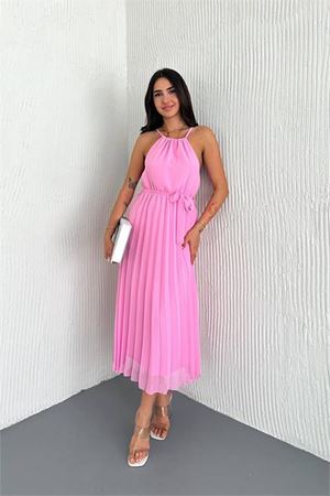 kadın kuşaklı midi boy askılı şifon elbise DPK4207