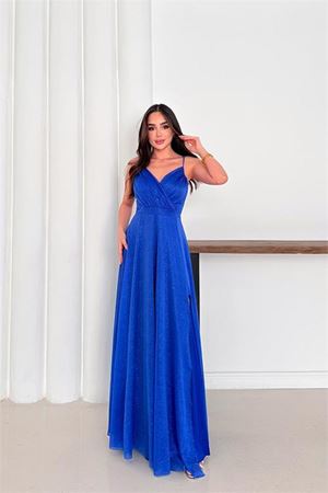 Neşeli butik kadın ayarlanabilir askılı yırtmaçlı tül abiye elbise RYS9276